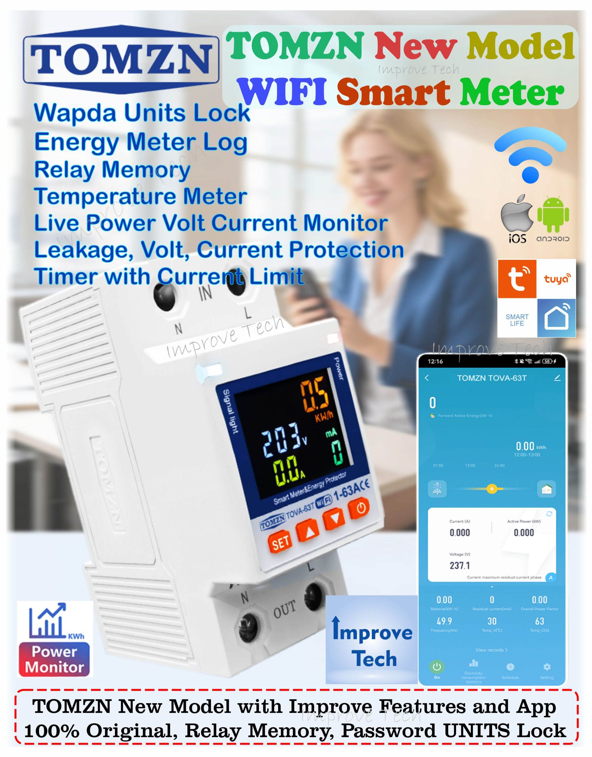 tomzn new model smart wifi breaker tuya smartlife ( wapda units lock ) earth breaker, relay last state memory. 63a 110 230v wifi switch kwh metering circuit breaker timer with voltage current leakage temperature protection