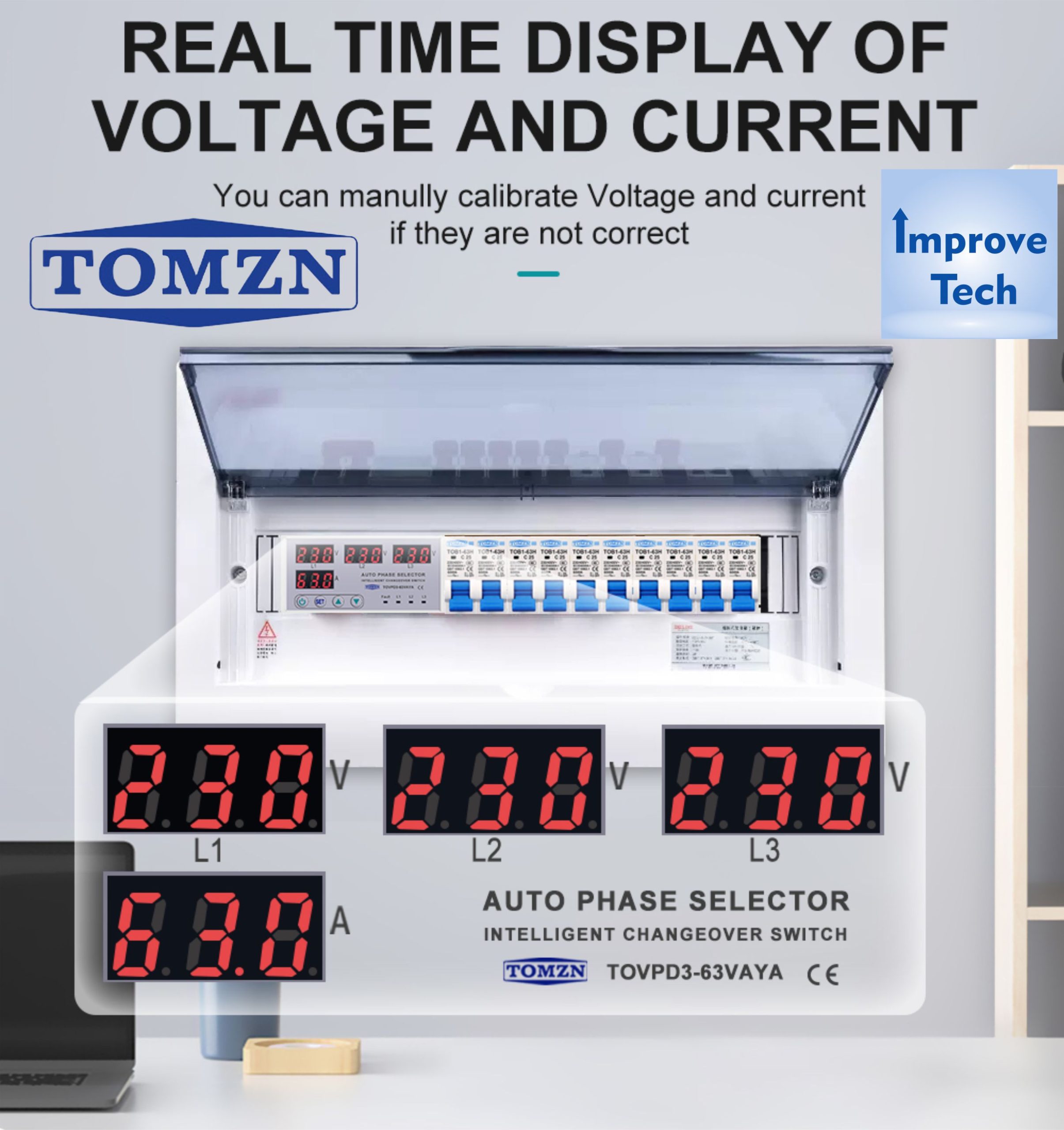 tomzn 3 phase auto phase selector , auto changeover 63a tovpd3 63vaya voltmeter amperemeter adjustable overvoltage , undervoltage and overcurrent monitor and protector ( original tomzn )