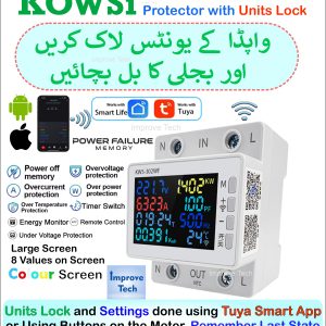 kowsi tuya wifi smart power meter circuit breaker color screen lcd 8in1 kws 302wf kwh ( lock wapda units ) 85 290v/100a tuya smartlife mobile app android iphone timer power meter over/under voltage protection, remote control relay, current/voltage monitor